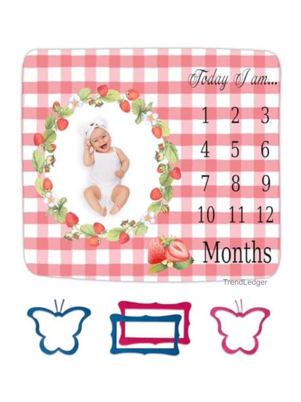 100% Cotton Monthly Milestone Blanket with Strawberry Wreath Plaid Pattern